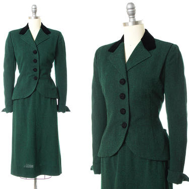 Vintage 1940s Blazer &amp; Skirt Suit | 40s Forest Green Woven Wool Tailored Jacket Set with Velvet Trim (x-small) 