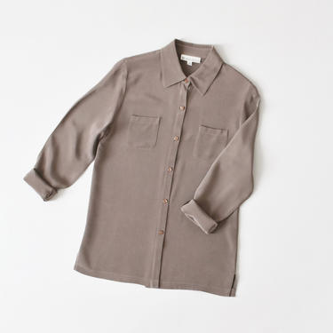 vintage taupe silk button down shirt, size M 