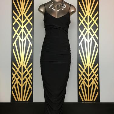 1990s maxi dress, ruched dress, vintage cocktail dress, slinky black nylon, hourglass, body con dress, size small, spaghetti strap, sexy, 26 