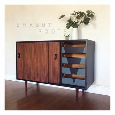 NEW! Mid Century Modern sliding door cabinet credenza buffet- walnut, black, geometric, retro, minimalist. San Francisco, CA by Shab