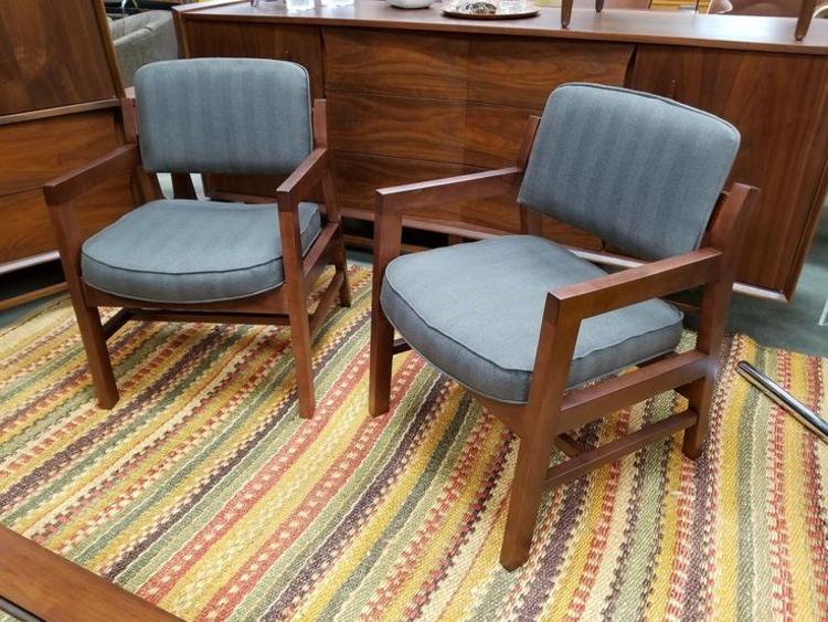 Pair of Mid-Century Modern walnut armchairs with new grey herringbone upholstery