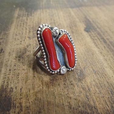 PRECIOUS RED CORAL Branch Vintage Silver Ring with Hogan Studs | Native American Navajo Style Jewelry |  Boho Southwest Jewelry | Size 9 1/4 