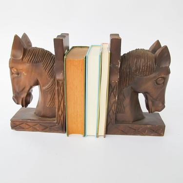Large Monkey Pod Wood Horse Bookends 