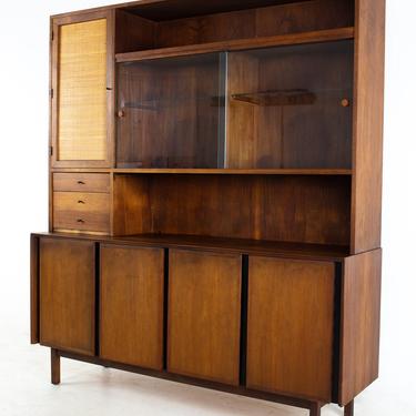 Dillingham Mid Century Walnut and Cane Sideboard Credenza Buffet and Hutch - mcm 