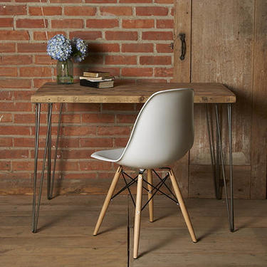 Wood desk with mid century hairpin legs, 1.65&amp;quot; reclaimed wood top, choose wood finish.  Drawer, keyboard not included in price, can be added 