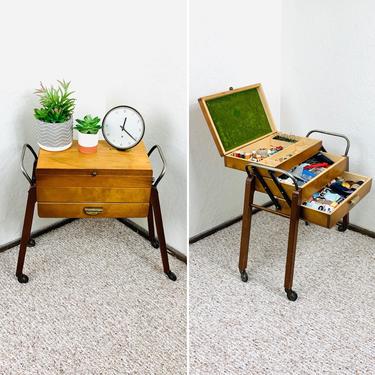 50s Sewing Cart Mid Century filled with vintage sewing items 