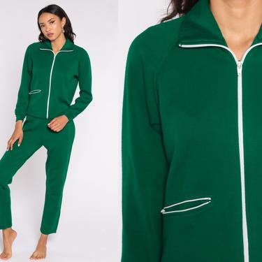 70s  Tracksuit Green Track Jacket JACKET + PANTS Straight Leg Two Piece Outfit Jogging Striped Track Suit Sports Vintage Retro Medium 