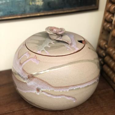 Vintage Mid Century Modern Handmade Signed Studio Pottery Jar Planter Lid Rose Shaped Handle Ceramics Retro Deco 