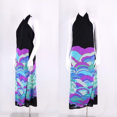 70s Rose Marie Reid Deco wave print sarong skirt / vintage 1970s nylon beach pool cover up wrap skirt halter dress M-L 