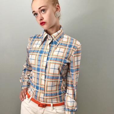 Vintage 70s Plaid Polyester Button Down Top 