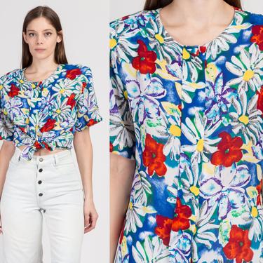 80s Floral Short Sleeve Blouse - Large | Vintage Grunge Semi Sheer Button Up Top 