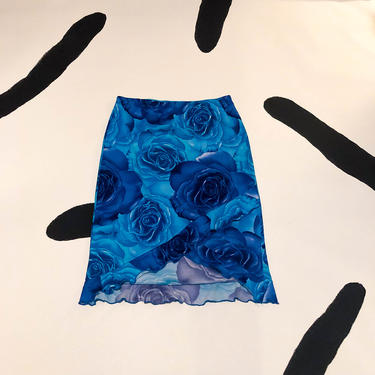 90s y2k Blue Rose Photo Print Fluttery Slip Skirt / Petal Hem / Medium / Comodo / Spice Girls / Cyber / Wavy Hem / Ruffle / Jawbreaker / M 