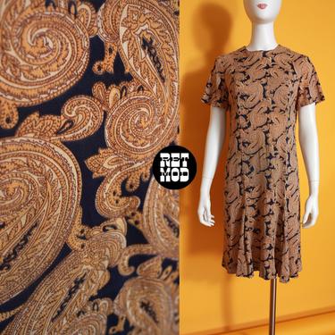Groovy Vintage 60s 70s Brown & Black Paisley Short Sleeve Dress with Kick-Pleat Bottom Design 
