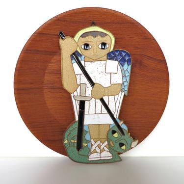 Vintage St Andrew's Abbey Archangel Michael Pottery Art Wall Hanging, Religious Decor From Valyermo California 