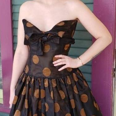 Vintage 80s Victor Costa Strapless Polka Dot Party Dress S 