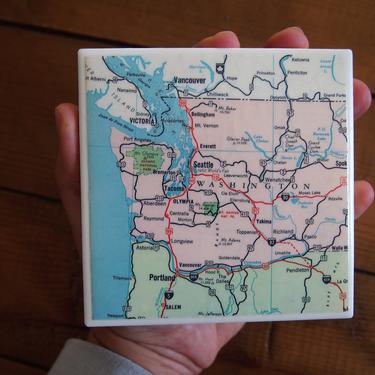 1962 Washington State Vintage Map Coaster - Ceramic Tile - Repurposed 1960s Pocket Atlas - Handmade - Seattle Tacoma Olympia Mt Rainier 