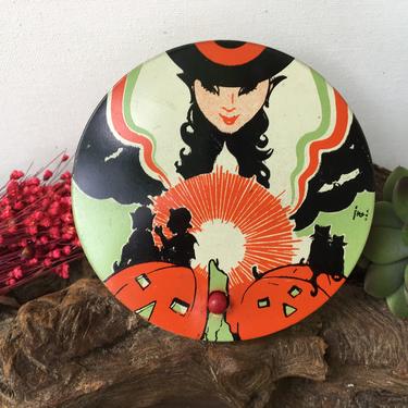 Vintage Halloween Witch Ratchet Noisemaker, T. Cohn Tin Litho Witch With JOL, Casting Spell, Black Cats, 30's 