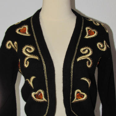 Vintage 80s Bejeweled Black Wool Sweater Pin Up Faux Jewels Brocade Trimmed 80s Sweater Bolero Shrug Style 