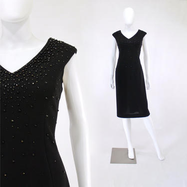 1950s Black Wiggle Dress - 1950s Studded Dress - 1950s Black Cocktail Dress - 50s Cocktail Wiggle Dress - 50s Knit Dress | Size Medium 
