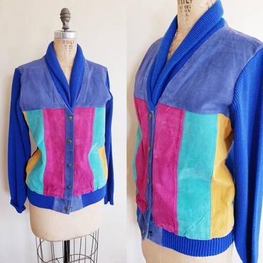 1980s Suede and Knit Colorful Jacket Blue NIKI / 80s Snap Front Jacket Colorblock Patchwork Pattern / S 