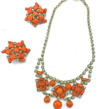 60s Cocktail Jewelry Set Orange/Green Rhinestone
