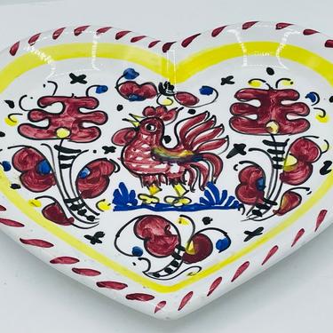 Vintage Sambuco Mario Deruta Italy Heart-Shaped Plate, Multicolor Bird and Flowers Red Yellow Border- Chip Free 