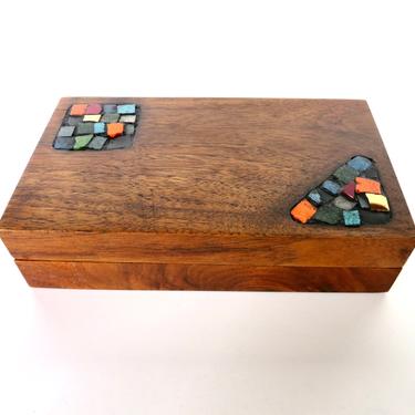 Mid Century Modern Studio Crafted Teak Jewelry Box Catch All, Mosaic Art Lidded Catchall By Artist Jean Frederickon, Teak And Tile Craft 