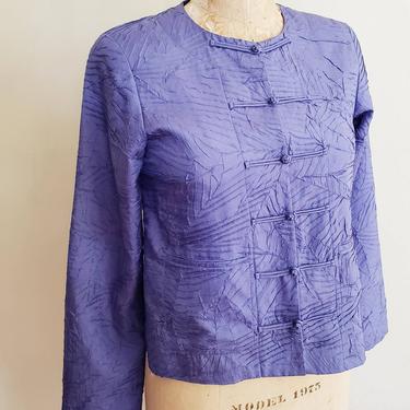 90s 80s Eileen Fisher Purple Silk Jacket / Vintage Designer Boxy Wrinkle Textured Cropped Jacket Frog Closure / PP 