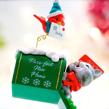VINTAGE: Purr Fect New Home Plastic Ornament - Bird Cat Ornament - Christmas Tree - Holiday, Christmas, Xmas - SKU 30-410-00033155 