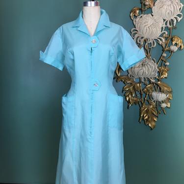 1970s waitress dress, vintage uniform, aqua nylon, zip front dress, halloween costume, large, unifemme, diner girl, 34 waist, twin peaks 