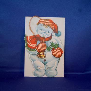 1940's NOS Die Cut Walking Snowman w/ Golden Horn, Red Christmas Hat, Red Scarf & Red and White Mittens 2 sided Christmas Tree Ornament Card 