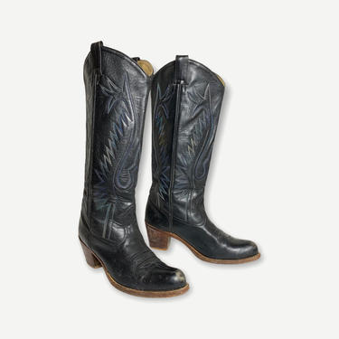 Vintage Women's MORGAN MILLER Tall Black Cowboy Boots ~ size 8 1/2 to 9 ~ Western ~ Hippie / Boho ~ Rockabilly ~ Stacked Heel ~ 