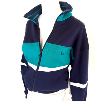 Retro PIERRE CARDIN zip up sweat shirt new with tags, dead stock vintage Pierre Cardin leisure suit navy blue teal white, full zip, medium m 