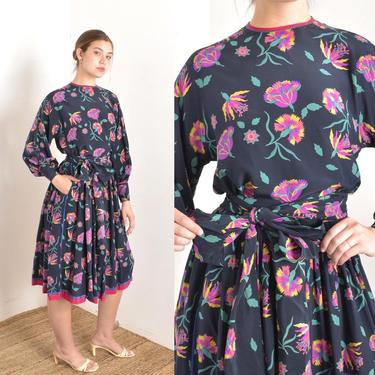 Vintage 1980s Dress / 80s Escada Dark Floral Print Silk Set / Blue Pink ( XS S ) 