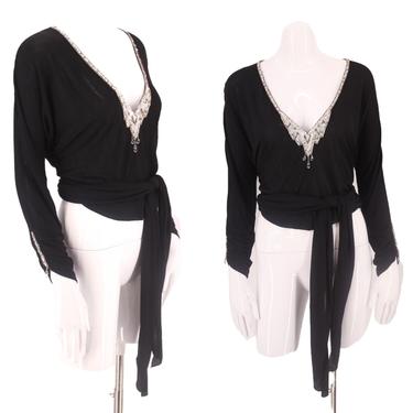 80s HOLLY HARP black silk jersey beaded blouse M / vintage 1970s Hollys Harp Stevie tie sash top medium 1980s 70s 