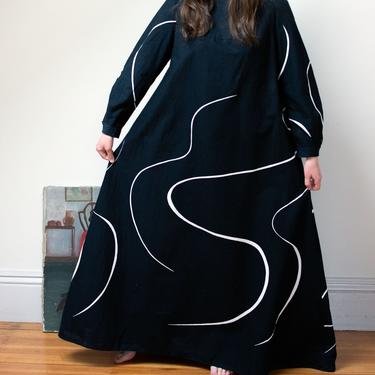 1970s Black and White Swirl Dress | 70s Marimekko Maxi Dress 
