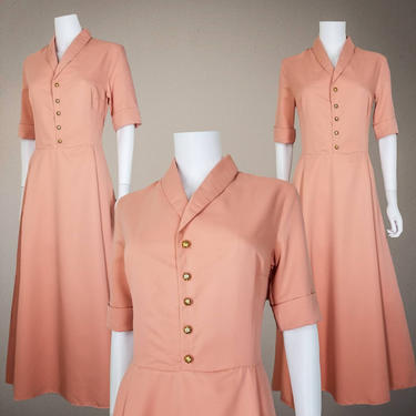 Vintage Maxi Shirtdress, Medium / 1970s Peach Hostess Dress / Fit and Flare Ankle Length Garden Party Dress / 1940s Style Collared Day Dress 