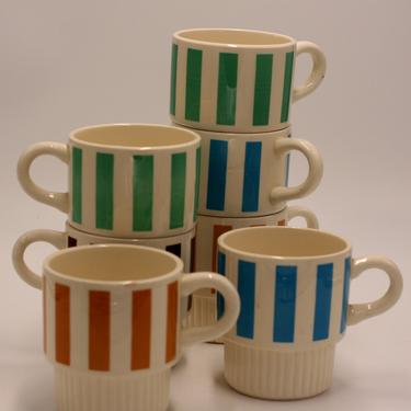vintage stacking coffee mugs in colorful stripes/set of seven/ USA 