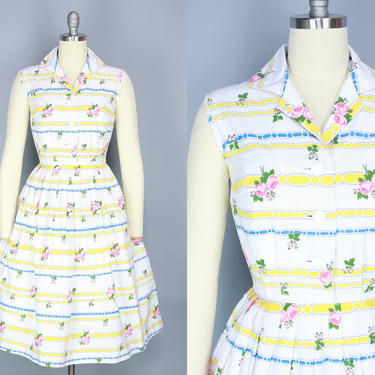1950s Shirtwaist DAY DRESS | Vintage 50s Printed Cotton Sleeveless Dress with Stripes &amp; Flowers | medium 