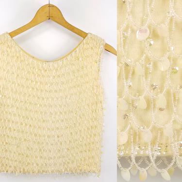 50s Beaded Top, Sleeveless Knit Sequined Blouse, Beaded Cocktail Shell, 50s Party Top, Vintage Beaded Blouse, Fancy Tank Top Cream Champagne 