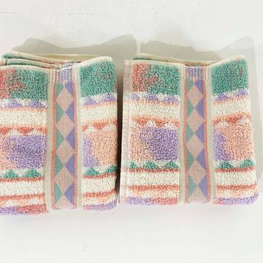 Vintage Cotton Bathroom Hand Towel Cloth Decor 1970s Pastel Pink Aztec Mid-Century Retro Set 2 Pair Fieldcrest Terrycloth Towels 
