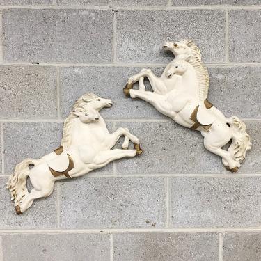 Vintage Wall Decor Retro 1960s Mid Century Modern + Chalkware + Horses + Stallions + White and Gold + MCM + Set of 2 + Accent Home Decor 