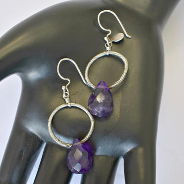 80's sterling amethyst goth glam statement dangles, edgy geometric wire wrapped 925 silver circles purple teardrops hippie couture earrings 