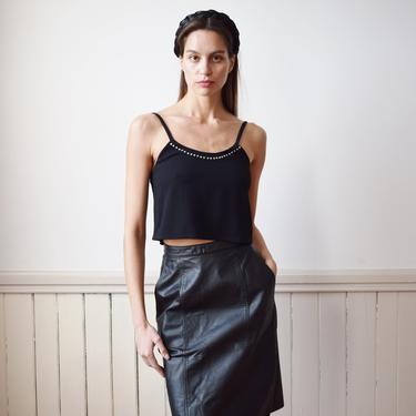 Vintage Black Leather Skirt | XS | 1980s Classic Black Leather Pencil Skirt with Pockets 