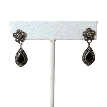 Vintage 1930s ART DECO Sterling Silver Earrings ~ Marcasite / Onyx ~ Antique ~ Teardrop 
