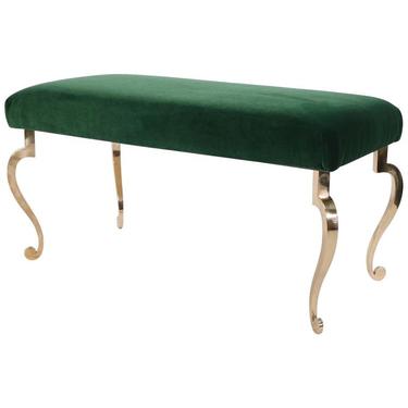 Maison Ramsay Hollywood Regency Bronze Bench in Emerald Green Velvet Upholstery