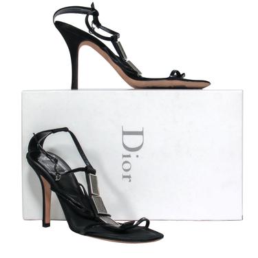 Christian Dior - Black Leather "Galuchat" Sandal w/ Metal Design Sz 10