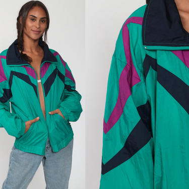 Green Windbreaker Jacket 90s Striped Jacket Purple Warmup Hipster Color Block Vintage 1990s Zip Up Warm Up Medium Large 