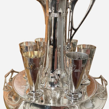 Art Nouveau Silver Wine Carafe with Cups and Tray by WMF