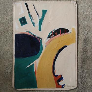 Original Vintage R. TIMPANO ABSTRACT Expressionist PAINTING 28x20&quot; Oil / Canvas, Mid-Century Modern Art green yellow white eames knoll era 
